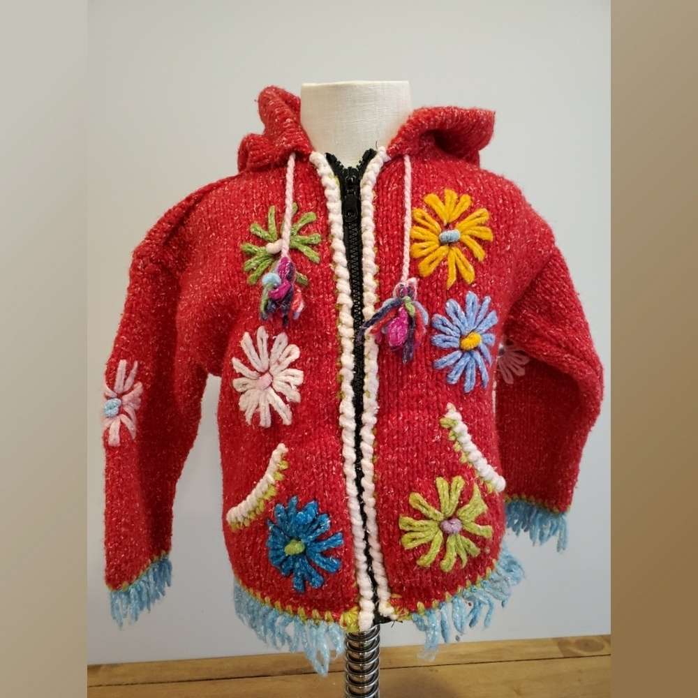 Hand Knit Zip Up Red Floral Cardigan Sweater
